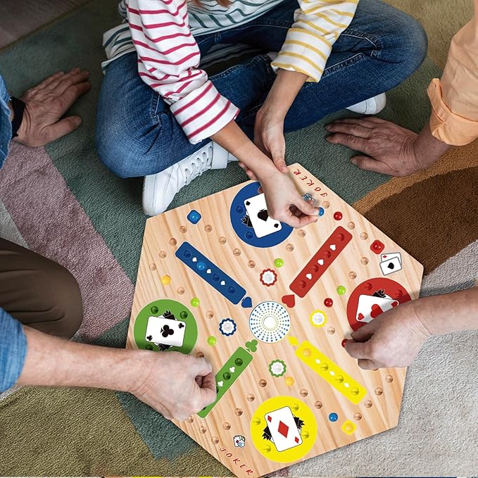 Fast Track Marble Board Game, Wahoo Board Game Double Sided Painted, Fast Track Board Games for 6 and 4 Players, Includes 6 Colors 30 Marbles, 1 Deck of PVC Playing Cards, 1 Canvas Bag