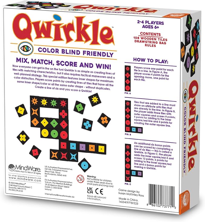 MindWare Qwirkle Color Blind Friendly Family Game Game for Kids and Adults - Fun Family Game Night Game for Concentration and Visual-Thinking Skills - Ages 6+