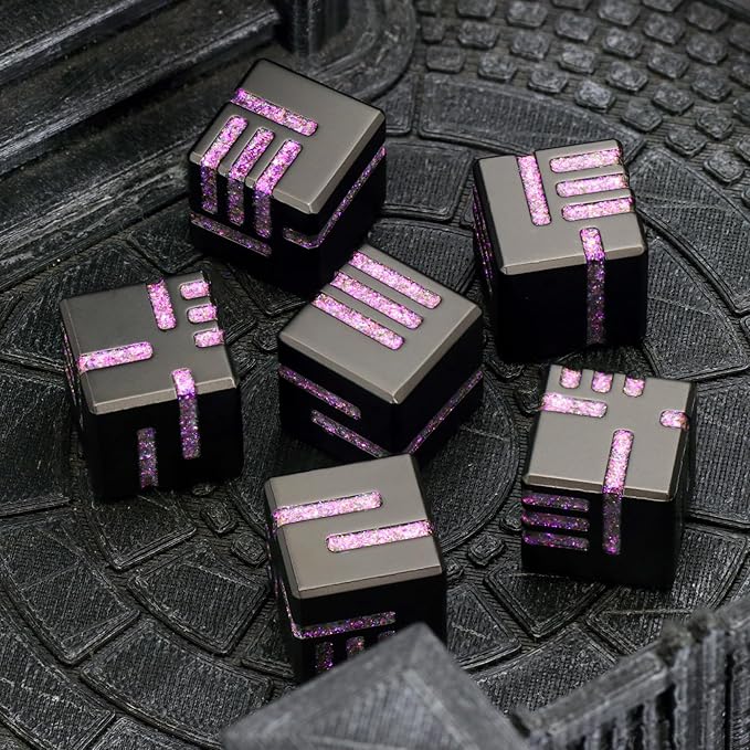 D6 Dice Set of 6 Pcs, 16mm Cool Fancy 6 Sided Dice, Metal D6 for DND, RPG, Dungeons and Dragons (Matte Black & Glitter Purple)