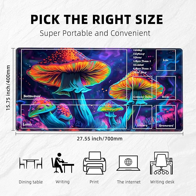 for MTG Playmat with Zones Storage Bag,for TCG Playmat and Playing Card Mat for Magic Board Games, Colorful Moushroom Non Slip Stitched Edges Game Mat, Rollable Foldable Card Playmats