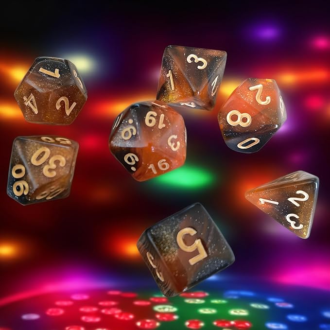 Polyhedral Dice Set, 7 PCS Dice Kit of D4 D6 D8 D10 D% D12 D20 Compatible with Dungeons and Dragons DND TTRPG MTG Table Role Playing Games(Black & Orange Nebula+Glitter)