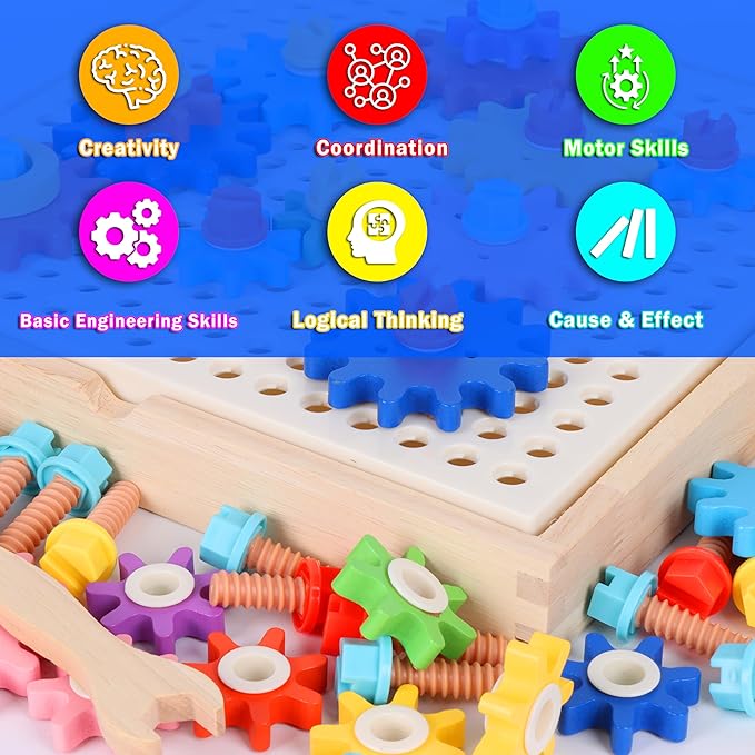 Montessori Gear Puzzle Game, Wooden Colorful Gears and Screws, Montessori-Inspired Learning, Educational Learning & Fine Motor Skills, for 3 4 5 6 7 8 9 Year Old