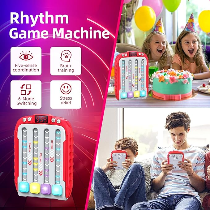 Electronic Music Rhythm Game Machine, Handheld Game for Kids, Travel Game Fast Press Push Game Fidget Toy, Autism Toy Puzzle Game with Music & Light, Toys Gifts for Boys Girls Ages 3-12 (Pink)