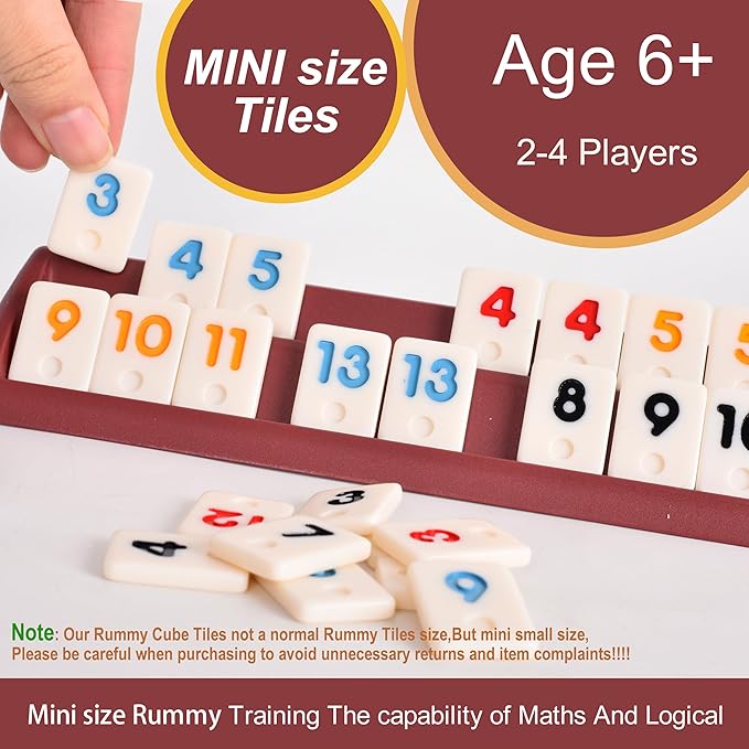Smilejoy Mini Rummy Cube 4 Players Edition,Travel Rummy Game Set with Portable Canvas Bag,Classic Board Game for Adults and Kids |106 Tiles | 4 Playing Racks |1 Dice | (2-4 Player) ﻿