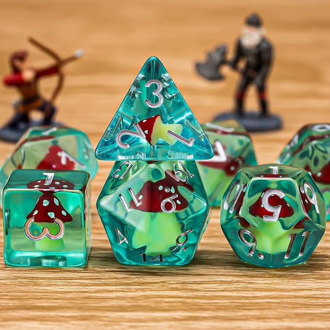 DND Resin Mushroom Dice Set, D&D Polyhedral Dice for Dungeons and Dragons RPG, MTG Role Playing Games D and D Dice 7pc D20 D12 D10 D8 D6 D4