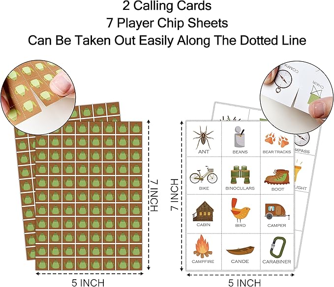 5"x7" Camping Bingo Game Cards (24 Kinds), Campground Activity for Family, Outdoor Indoor, Hiking, Road Trip Activities, Camp Birthday Theme, Campfire Bingo