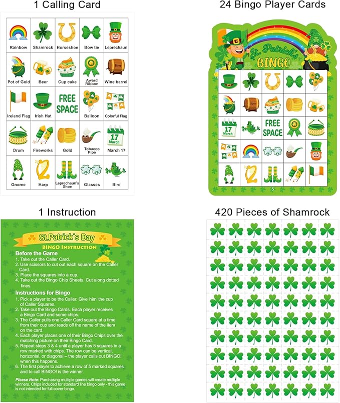 24 Players St Patrick's Day Bingo Game Cards for Kids Irish Green Shamrock Party Bingo Game St Patrick Classroom Family Activity Party Favors for Kids