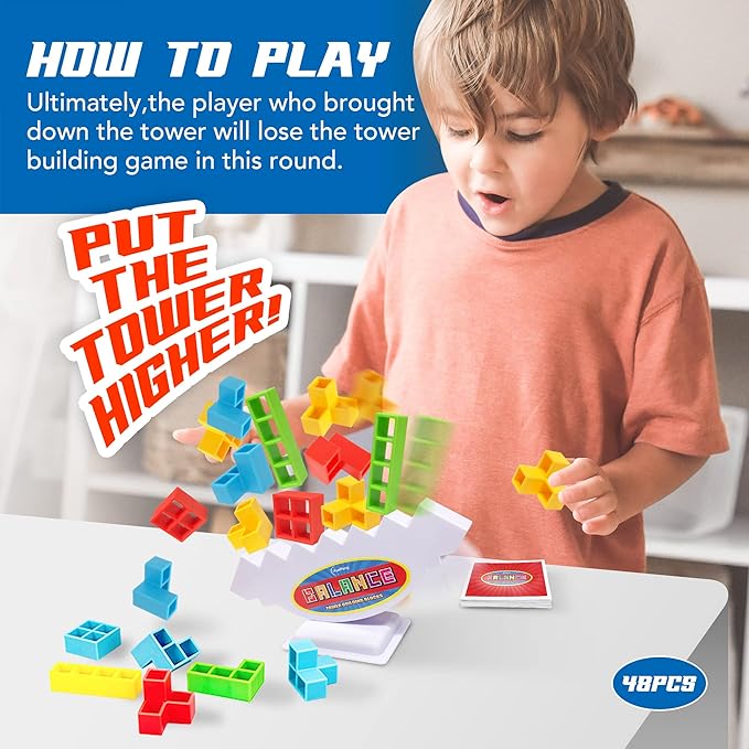 iYuePeng 48Pcs Drop Tetra Balance Tower Game - Fun Stacking Building Blocks for Kids Age 3+ - Develops Dexterity, Patience, and Fine Motor Skills