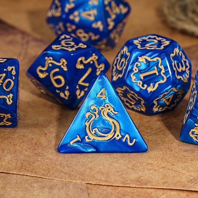 7-Die DND Dice Set Dragon Pattern Polyhedral Dice Set with Leather Bag D&D Dice Set for Dungeons and Dragons RPG MTG Table Games (Blue W/Gold Dragon Pattern)