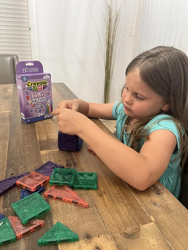 CreateOn Crayola Mini Magnetic PIP-Tiles, Building Set for Kids, Magnetic Building Toys for Kids, STEM Travel Toys for Boys and Girls Ages 3+, 24-Piece Set (Glitter)