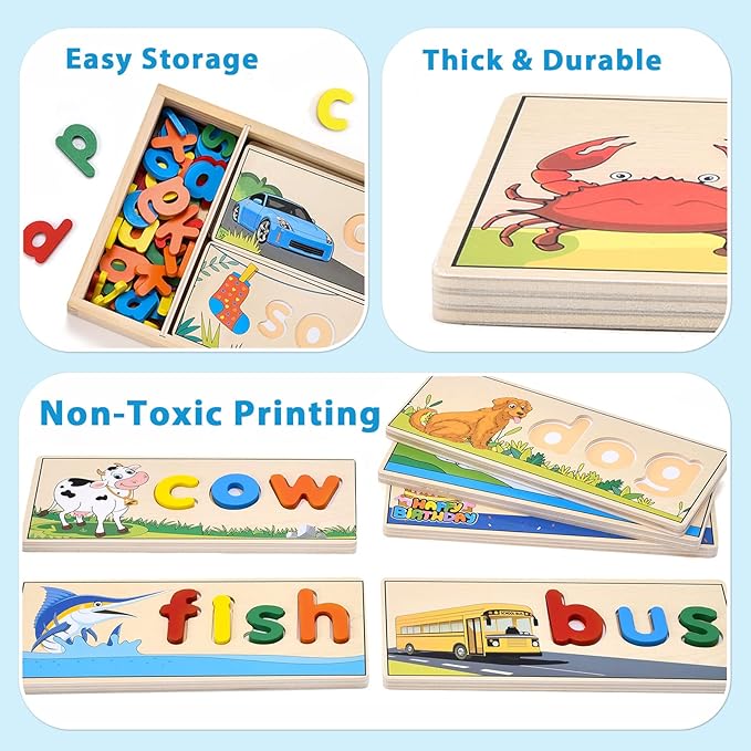 Atoylink Wooden Spell Learning Toys for 2 3 4 5 Year Old Kids Match Letter Spelling Game Board & Letters & Box, CVC Word Builder Toddler Educational Toy Kindergarten Preschool Learning Activities