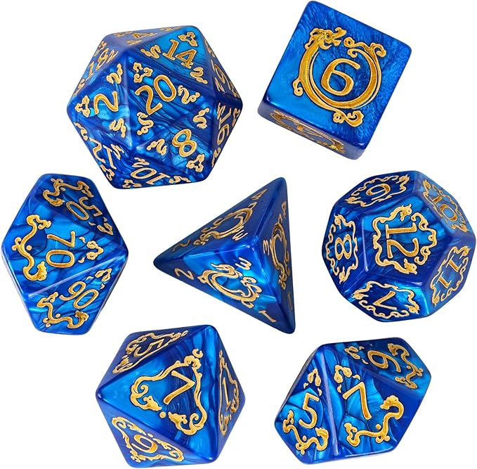 7-Die DND Dice Set Dragon Pattern Polyhedral Dice Set with Leather Bag D&D Dice Set for Dungeons and Dragons RPG MTG Table Games (Blue W/Gold Dragon Pattern)