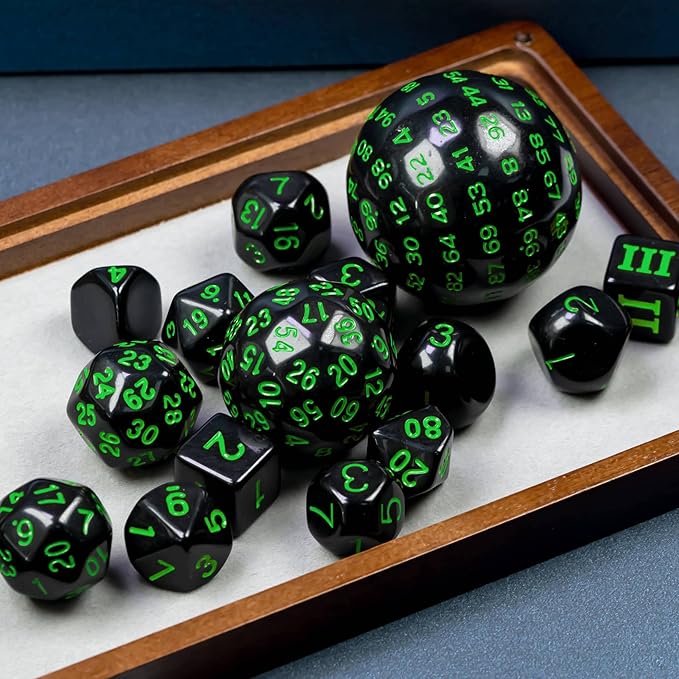15 Pieces Complete Polyhedral DND Dice Set D3-D100 Spherical D&D Dice Set with Dragon Eye Dice Bag, D100 Dice for Dungeons and Dragons, RPG, MTG Table Games(Black w/Green Numbers)