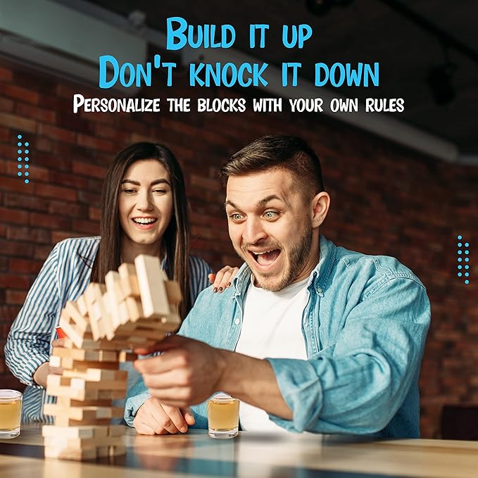 BETTERLINE Wooden Tower Stacking Blocks Drinking Game - 48 Pieces - Tumbling Tower for Adults - Friends Party Game, Bachelor Party, Bachelorette Party (48 Pieces)