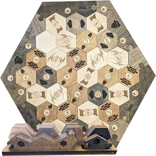Personalized Wood Settler Game Board with Expansion Pack and Shelf Rack - 2-6 Players | Includes: Main Board, Expansion Pack, and Shelf Rack