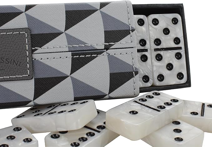 Dominos Set for Adults, Double 6 Domino Set, 28 Jumbo Marbleized White Tiles, Dominoes Set for Adults and Kids - Classic Board Games for Family & Travel (in Rhomb Pattern Leather Case)