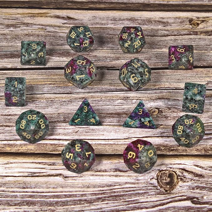 TUMBEELLUWA Engraved Crystal Stone Polyhedral Dice Set for RPG MTG Dungeons and Dragons Table Game 7 Pieces DND Board Game Dices with Pouch, Ruby in Fuchsite