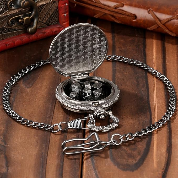 Mini DND Dice Set with Steampunk Dragon Pocket Watch Case, Tiny 7-Piece Polyhedral Metal D&D Dice, DND Gifts with Gift Box for DND Lovers, Role Playing Game Board Game Accessories Dice, Dark Silver