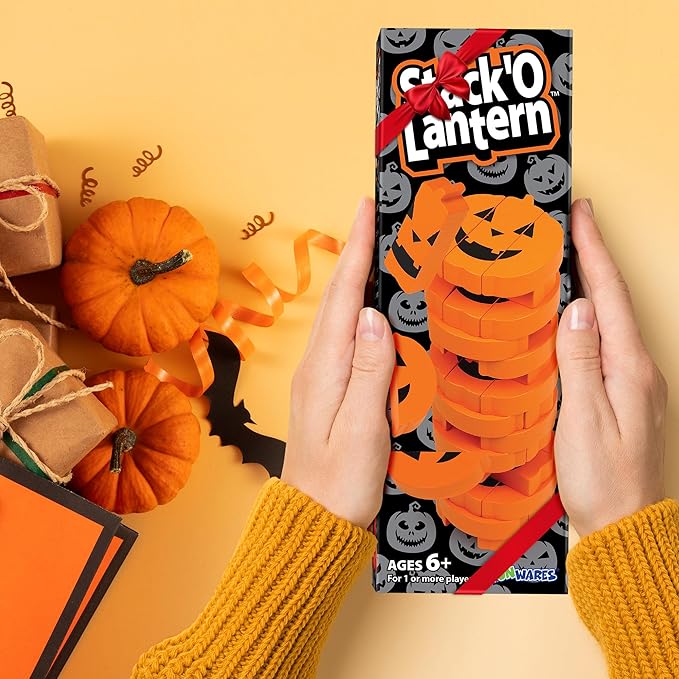 Funwares Wooden Blocks Stacking Game, Tumbling Tower and Balance Game, Family & Party Fun, Game for Kids and Adults, Ages 6+, Stack 'O Lantern, The Fall Pumpkin-Themed Wood Blocks Stacking Game