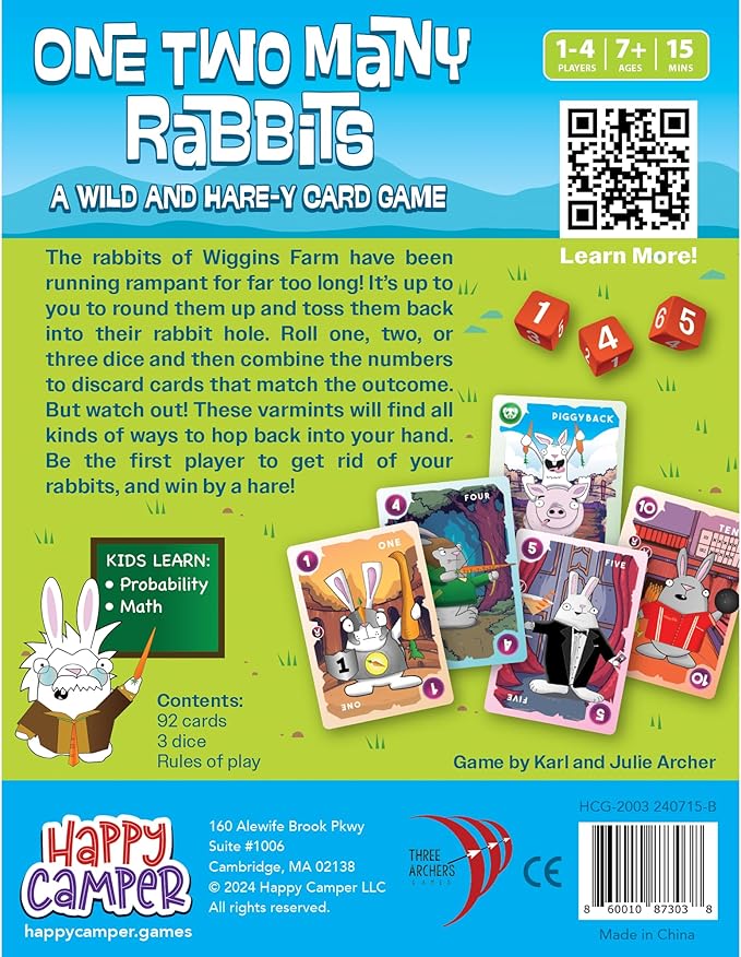 Happy Camper - One Two Many Rabbits - A Wild & Harey Card Game | Quick to Learn, Easy to Teach | Great Math Game | Perfect for Family Game Night | 1-4 Players, Ages 7+
