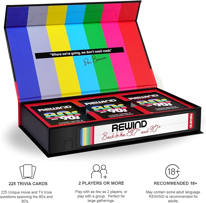 Mojo Games, Rewind - Back to The 80's and 90's Movie and TV Trivia - Nostalgic Pop Culture Card Game for Family and Friends Game Night (Movie & TV Trivia)
