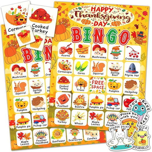 Thanksgiving Bingo Cards, 24 Players Cute Thanksgiving Bingo Game for Kids Adults Famliy Party Game Supplies for Classroom Shool Fall Festival