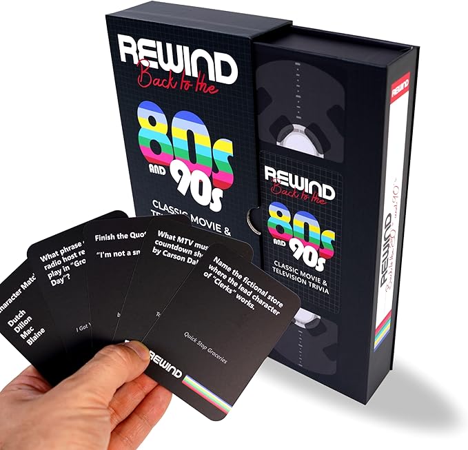 Mojo Games, Rewind - Back to The 80's and 90's Movie and TV Trivia - Nostalgic Pop Culture Card Game for Family and Friends Game Night (Movie & TV Trivia)