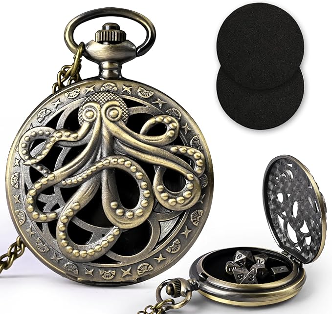 Mini DND Dice Set with Pocket Watch Shell, 7PCS Polyhedral Metal Dice Set Perfect for Dungeons and Dragons, MTG, Role Playing Board Games Accessory (ZY01-Bronze)