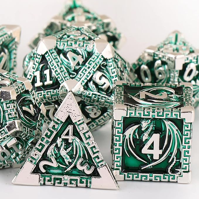 DND Dice Metal Dragon Set,Unique Dragon Design Dice with Gift Dice Bag for Dungeons & Dragon Games,Magic The Gathering,D and D D&D Dice Set (Silver Green)