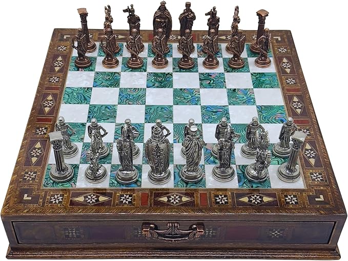 15’’ Handmade Chess Set with British Army Metal Chess Pieces, Luxury Storage Chess Board, for All Ages, Ideal for Father, (Green)