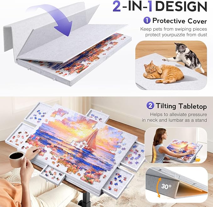 Hatisan Puzzle Board with Drawers & Cover - 1000 Pieces Blanket Jigsaw Puzzle Board with Lazy Susan Spinning Cover Colorful Sorting Trays for Family (Silver, 1000 PCS)
