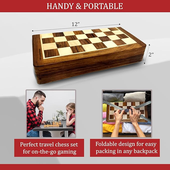 Magnetic Wooden Chess Board Set 12 Inches with 2 Extra Queens | Folding Board - Pieces Storage Slots, Handmade Portable Folding Travel Vintage Chess Game | for Individuals Above 15 Years and Above