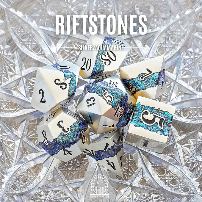 Sage's Portal Metal Riftstone DND Dice 7-PC Polyhedral Dice Set for DND TTRPG Dungeons and Dragons Pathfinder Oversized Designer Dice (Pearl Silver/Aquamarine)