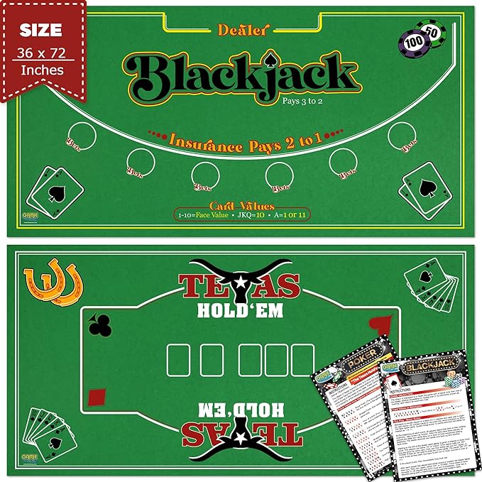 Gamie Double Sided Felt Casino Mat, 36” x 72” for Blackjack & Texas Hold’em Poker, 2-in-1 Texas Holdem Poker Mat & Blackjack Mat, Professional Grade Poker Tabletop Mat with Instructions Booklet