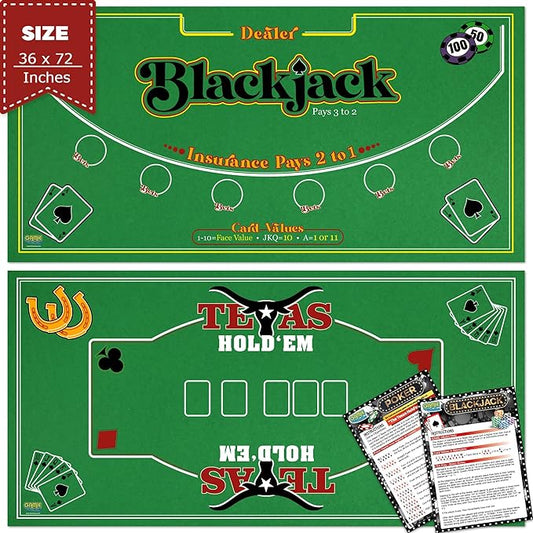 Gamie Double Sided Felt Casino Mat, 36” x 72” for Blackjack & Texas Hold’em Poker, 2-in-1 Texas Holdem Poker Mat & Blackjack Mat, Professional Grade Poker Tabletop Mat with Instructions Booklet