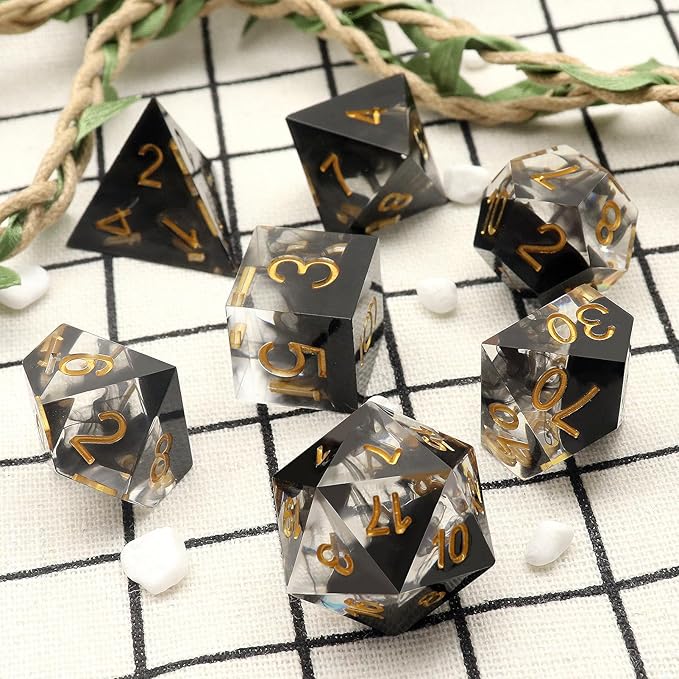 Haxtec Sharp Edge Dice Set DND Dice Set with Dice Case Handmade Black Swirls Resin D&D Dice Set for TTRPGs Dungeons and Dragons Gifts-Dark Soul
