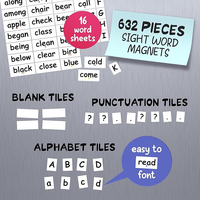 – Sight Word Magnets for Fridge – 632 pc Home School Essentials – Magnetic Sentence Building for Kids - Big .75" Tall Magnet Words – Fun Reading Learning Games for Children Ages 5-7