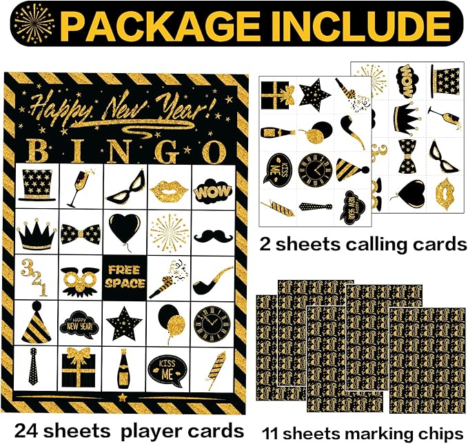 Joy Bang New Years Bingo Cards Games for Kids Adults, 24 Players for Family Friends Large Group, New Years Crafts Activities Party Supplies Favors Gifts for Children
