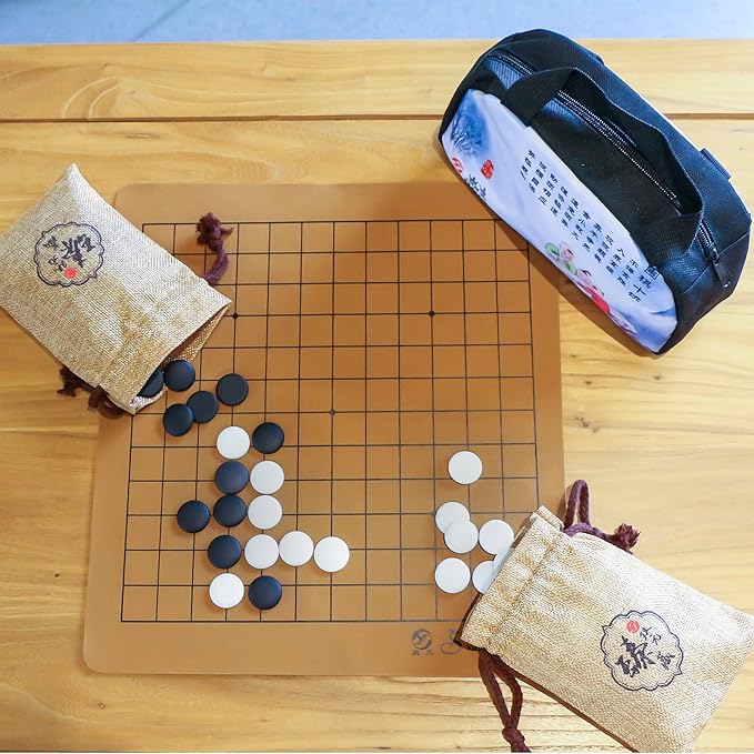 Portable Go Game Set 169 Pieces Single Convex Fine Ceramic Stones 169 with Foldable Reversible 9x9 / 13x13 Board and Carrying Storage Bag,2 Players Board Game