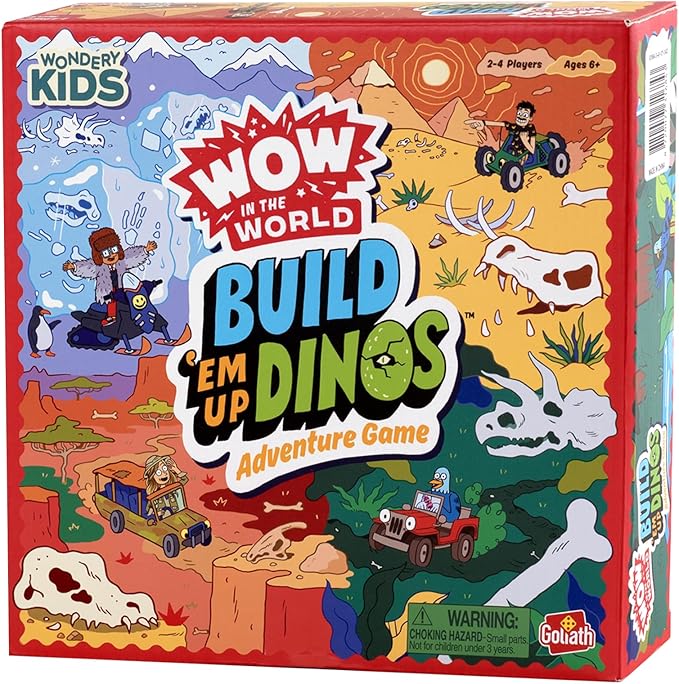 Goliath Wow in The World Build 'Em Up Dinos Adventure Game | Explore The Earth, Learn Crazy Dino Facts, Build A Dino to Win | for 2-4 Players, Ages 6+