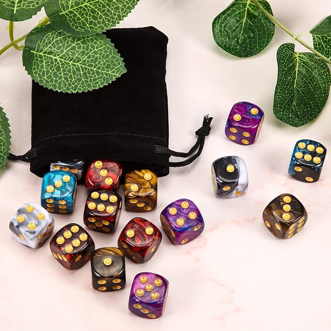 TecUnite 25 Pieces Colored Dice 6 Sided Dice Set, 6 Sided Standard Dices with Black Drawstring Storage Bag for Board Games, Parties, Math Learning, Classroom(Marble Color,6 Sides)