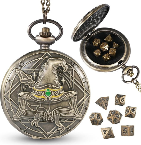D&D Dice Set,7PCS Metal Dice for Dungeons and Dragons,Mini Dice Set with Pocket Watch Case,Role Playing Board Games Accessories (Wizard, Bronze)