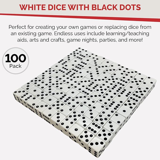 MR CHIPS D6 Standard 16 mm Opaque Dice with Pip Dots - 100 Pack - White