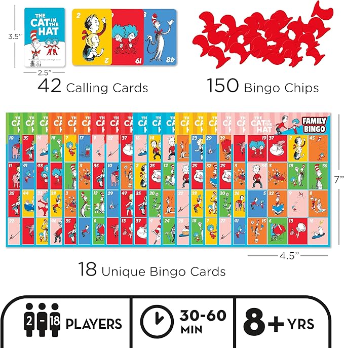 AQUARIUS Cat in The Hat Family Bingo Game - Fun Family Party Game for Kids, Teens & Adults - Entertaining Game Night Gift - Officially Licensed Merchandise