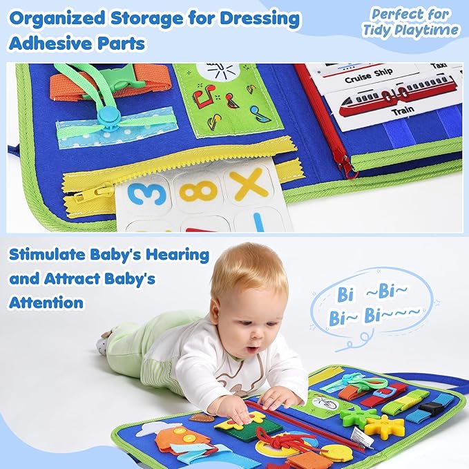 Busy Board for Toddlers Boys Girls Montessori Toys for 1 2 3 4 Year Old, Busy Book Preschool Learning Activities with Alphabet Number, Animal Travel Toys Birthday Gifts for Plane Car Motor Skills