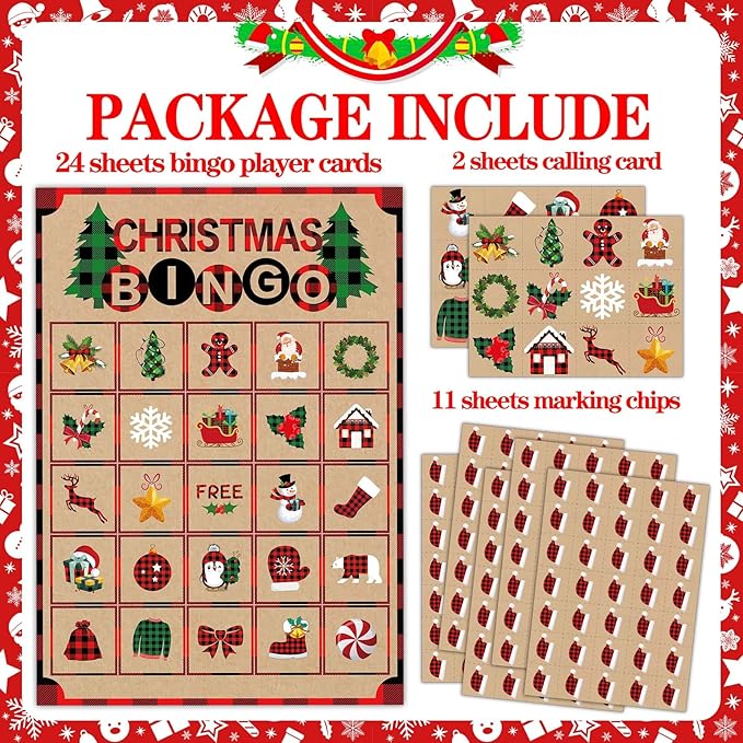 Joy Bang Christmas Games for Kids, 24 Player Christmas Bingo Cards Crafts for Kids Winter Holiday Games Activities for Family Large Group Classroom Xmas Party Favors Supplies Gifts