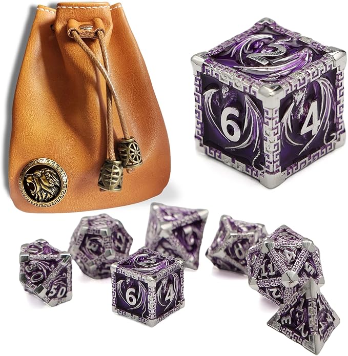 DND Dice Metal Dragon Set,Unique Dragon Design Dice with Gift Dice Bag for Dungeons & Dragon Games,Magic The Gathering,D and D D&D Dice Set (Silver Purple)