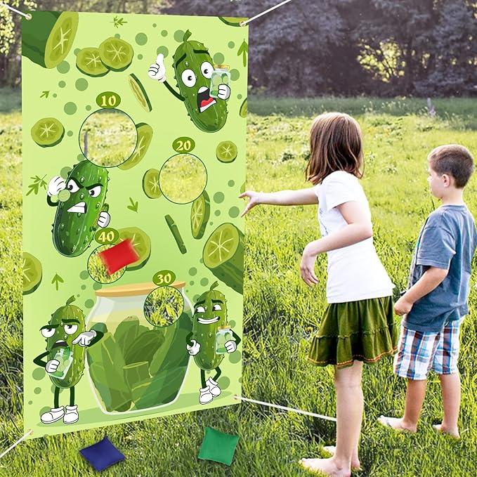 Serencatcher Pickle Toss Game Banner with 3 Bean Bags Funny Pickle Bean Bag Toss Games Backdrop for Pickle Party Games Pickle Themed Birthday Baby Shower Party Decorations Supplies