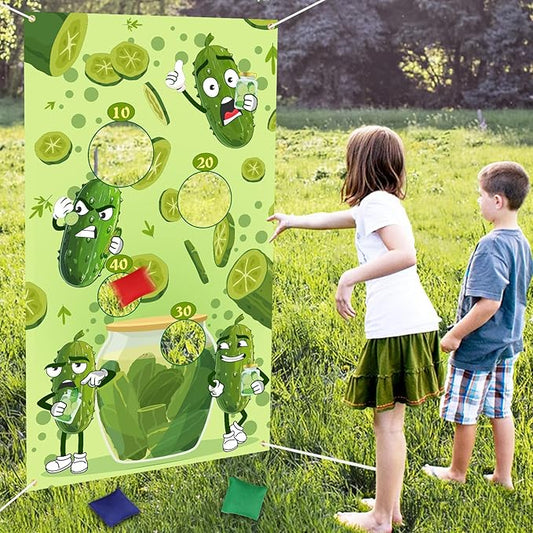 Serencatcher Pickle Toss Game Banner with 3 Bean Bags Funny Pickle Bean Bag Toss Games Backdrop for Pickle Party Games Pickle Themed Birthday Baby Shower Party Decorations Supplies