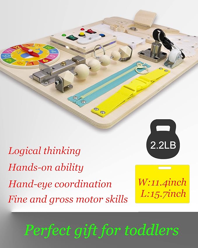 Busy Board for Toddlers 1-3 - Wooden Sensory Baby Activity Montessori Light Switch Toy - Kid's Educational Toys